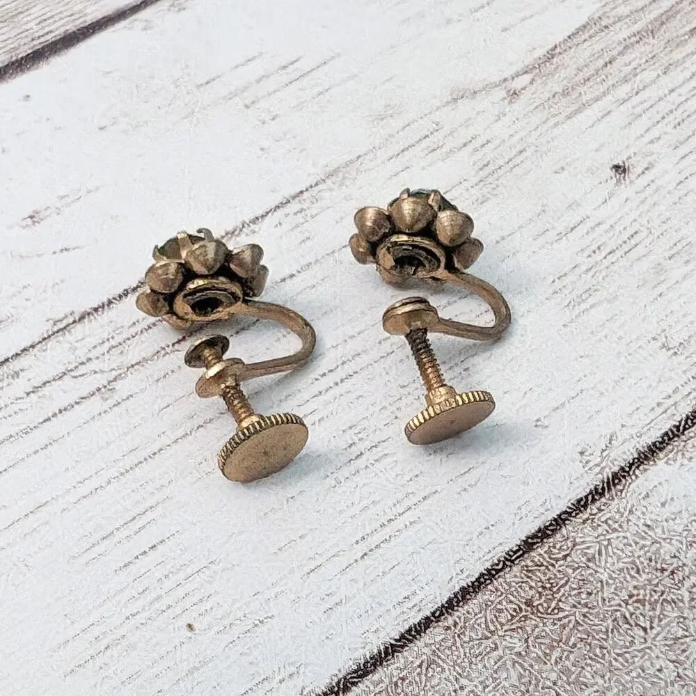 Vintage Screw Back Earrings Dainty Green & Clear Gem